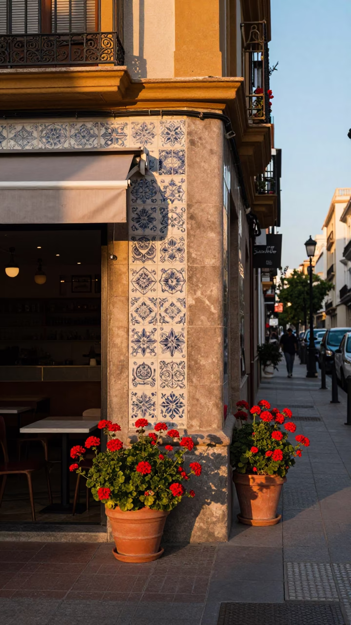 Sunset Street Scene in Valencia Spain with Ceramic Tiles and Geraniums in in Valencia, Spain