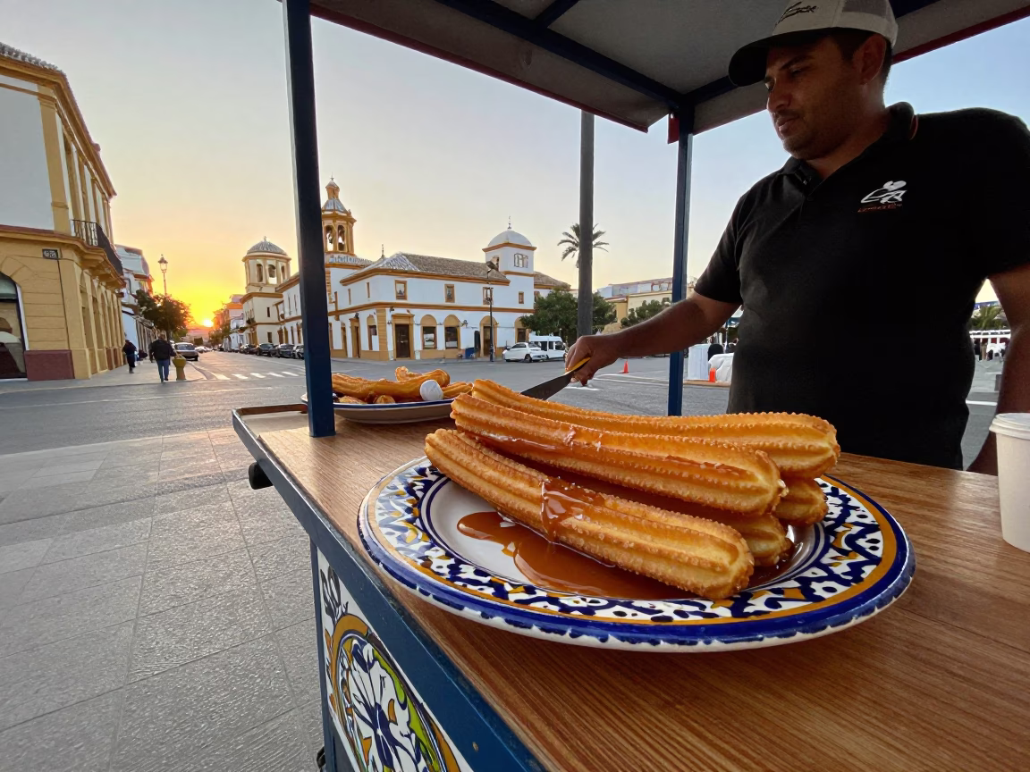 Sunset street scene in Valencia Spain with churros and traditional majolica plate in in Valencia, Spain