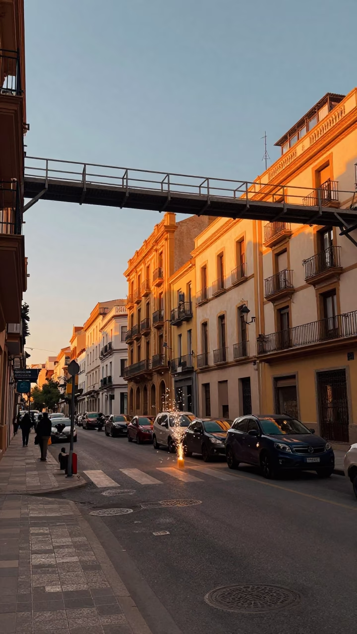 Sunset Street Scene in Valencia Spain with Construction Sparks and Urban Infrastructure in in Valencia, Spain