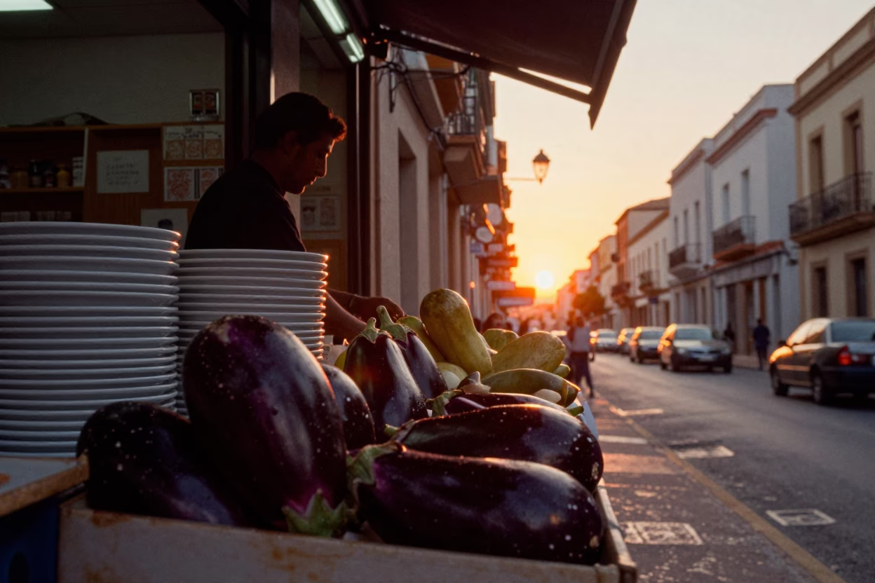 Sunset street scene in Valencia Spain with eggplants and stacked plates in in Valencia, Spain