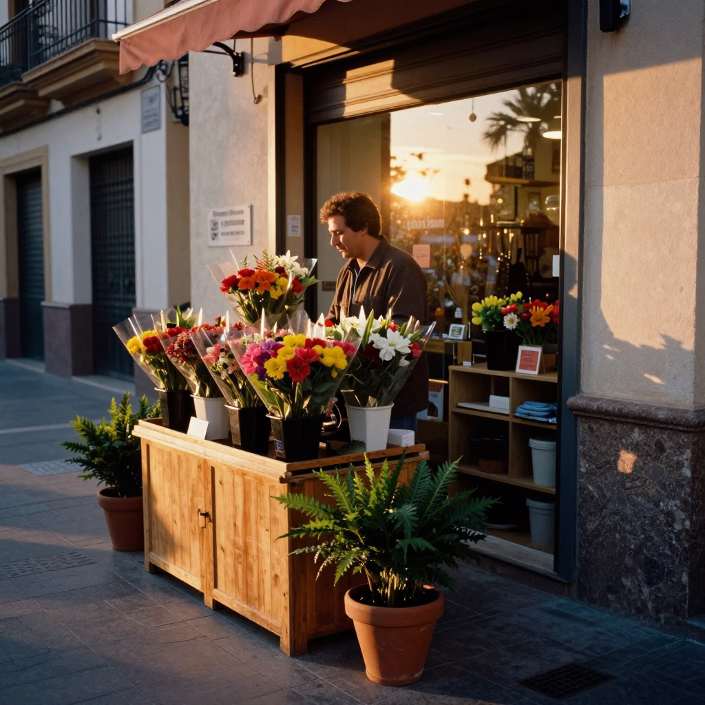 Sunset Street Scene in Valencia Spain with Florist and Plant Pot in in Valencia, Spain