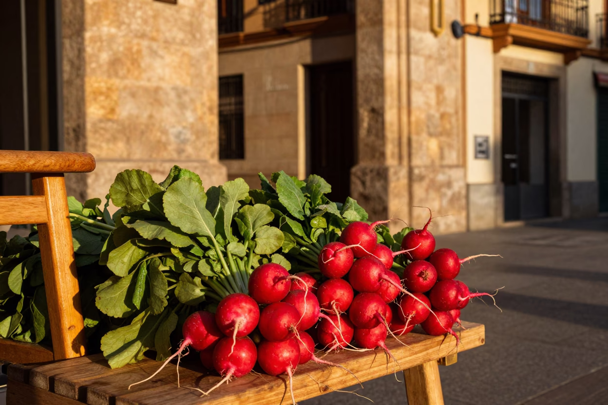 Sunset Street Scene in Valencia Spain with Radishes and Wooden Stool in in Valencia, Spain