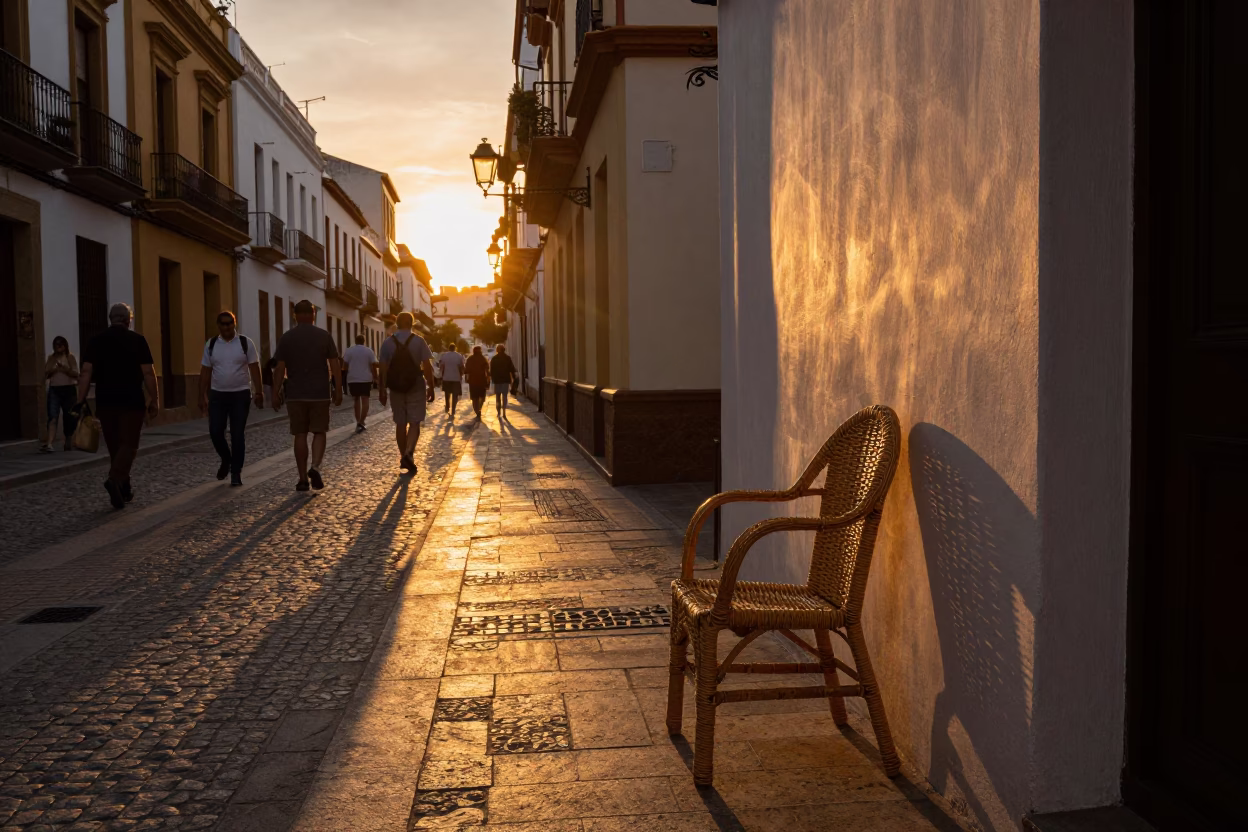 Sunset Street Scene in Valencia Spain with Traditional Wicker Shadows and Local Market Activity in in Valencia, Spain