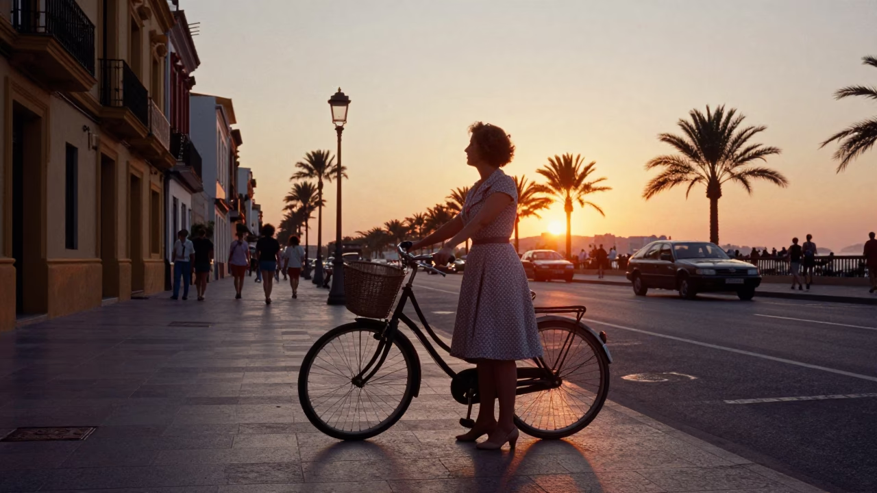 Sunset Street Scene in Valencia Spain with Vintage Bicycle and Local Architecture in in Valencia, Spain