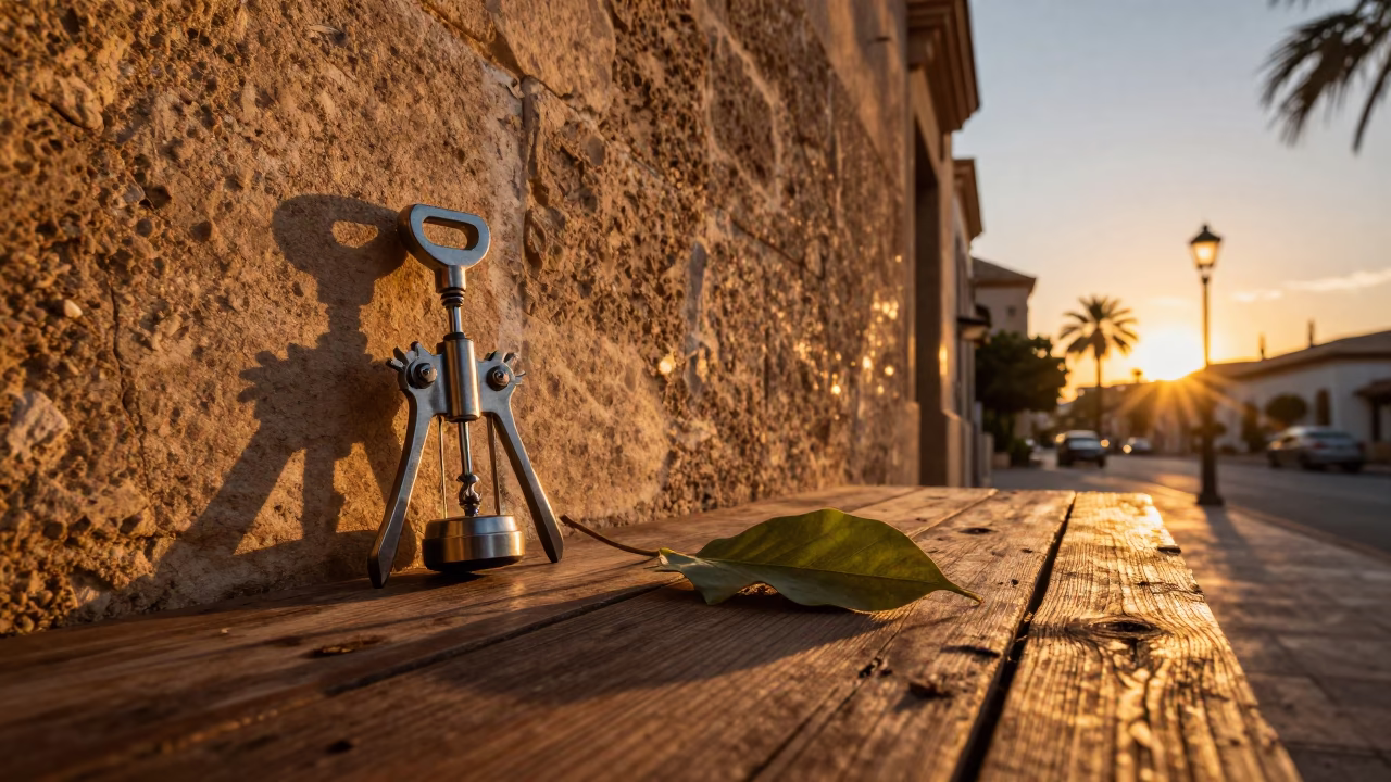 Sunset Street Scene in Valencia Spain with Wine Opener and Leaf Shadows in in Valencia, Spain