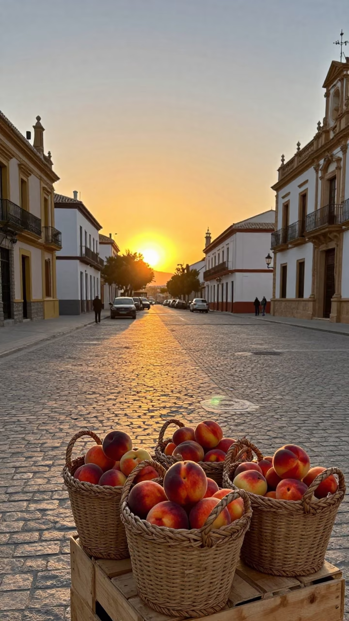 Sunset street scene in Valencia Spain with woven baskets and ripe peaches in in Valencia, Spain