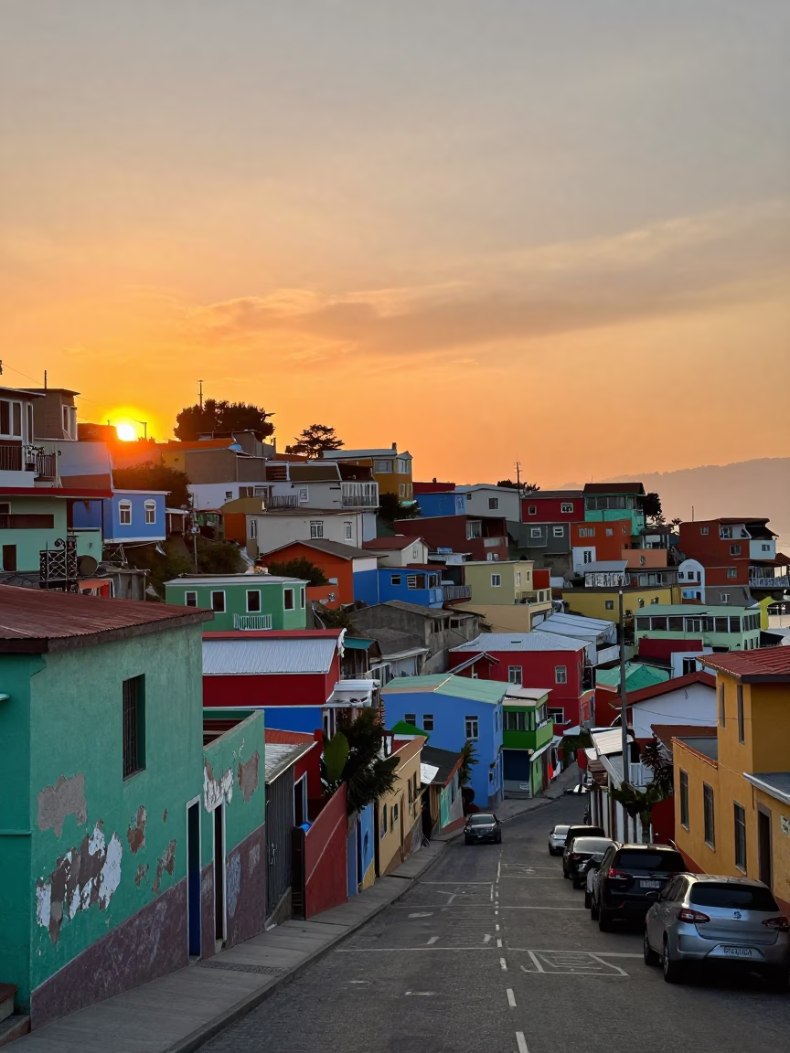 Sunset Street Scene in Valparaiso Chile with Colorful Buildings and Local Life in in Valparaiso, Chile