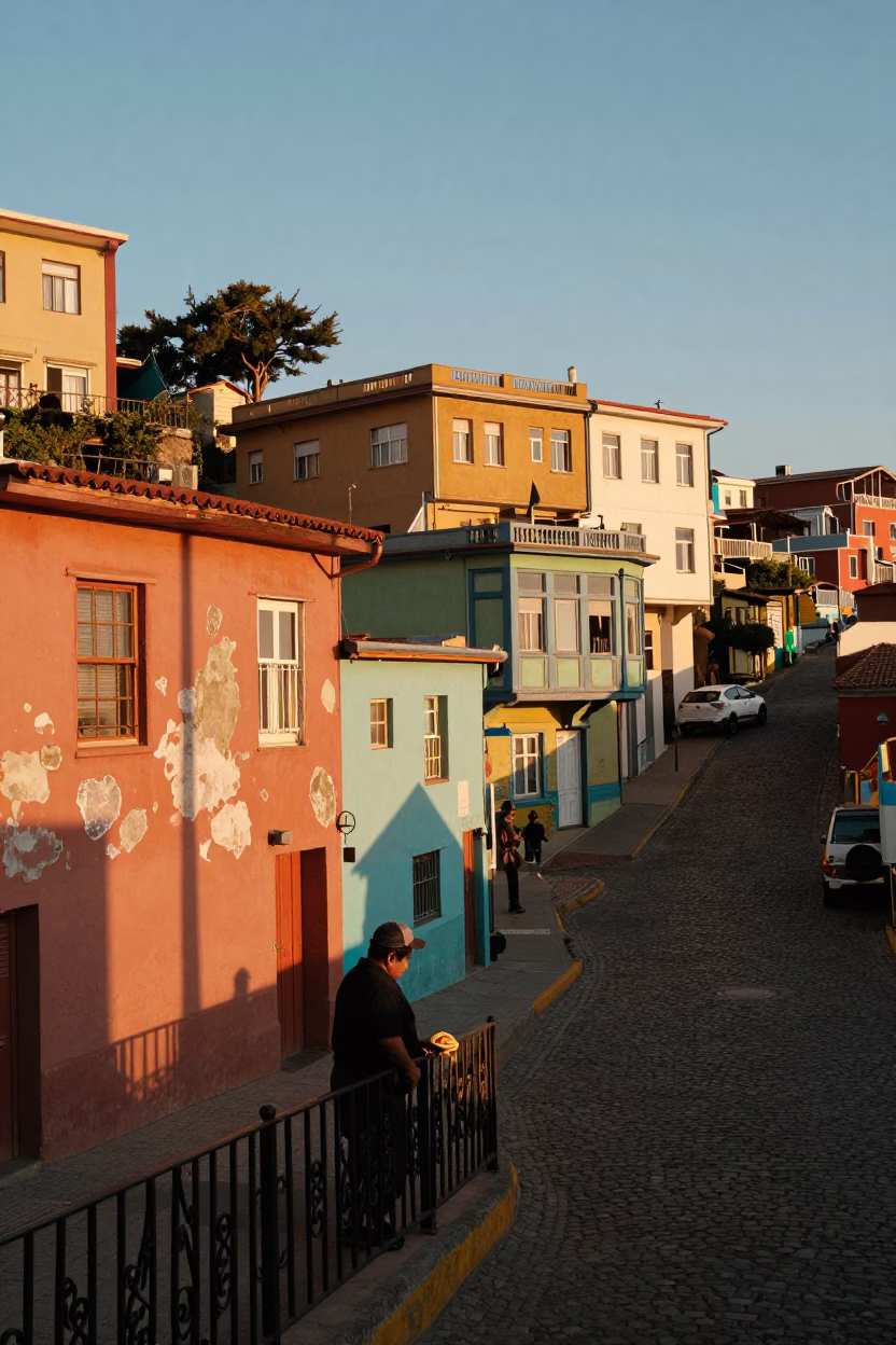 Sunset Street Scene in Valparaiso Chile with Colorful Facades and Arepas in in Valparaiso, Chile