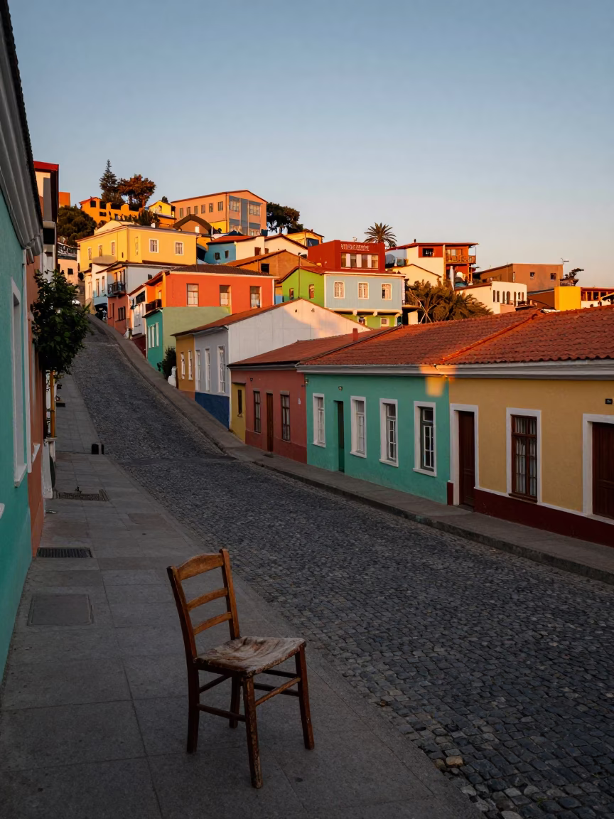Sunset Street Scene in Valparaiso Chile with Colorful Facades and Local Life in in Valparaiso, Chile