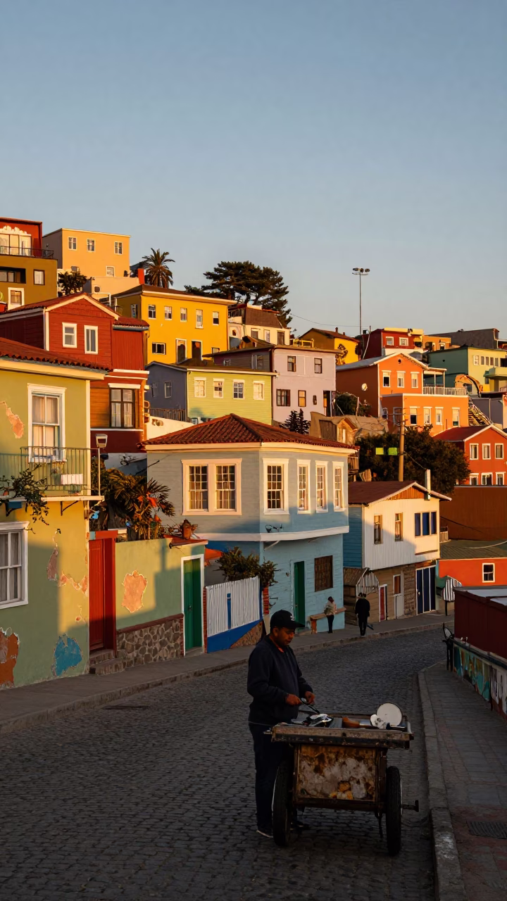 Sunset Street Scene in Valparaiso Chile with Colorful Hillside Houses and Local Life in in Valparaiso, Chile