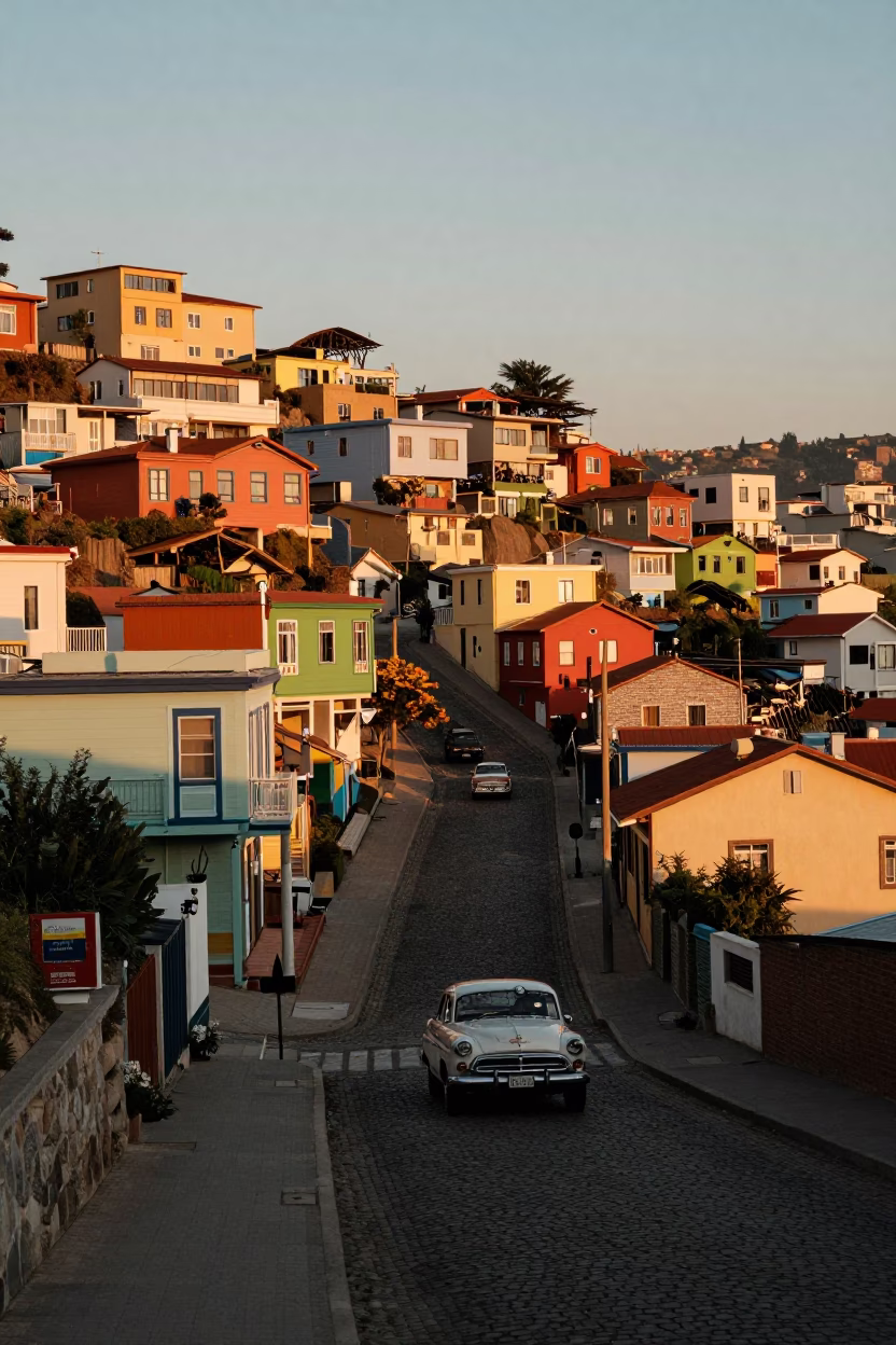 Sunset Street Scene in Valparaiso Chile with Colorful Hillside Houses and Vintage Car Rally in in Valparaiso, Chile