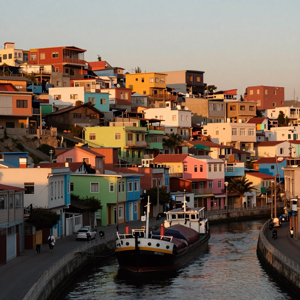 Sunset Street Scene in Valparaiso Chile with Colorful Houses and Canal Barge in in Valparaiso, Chile