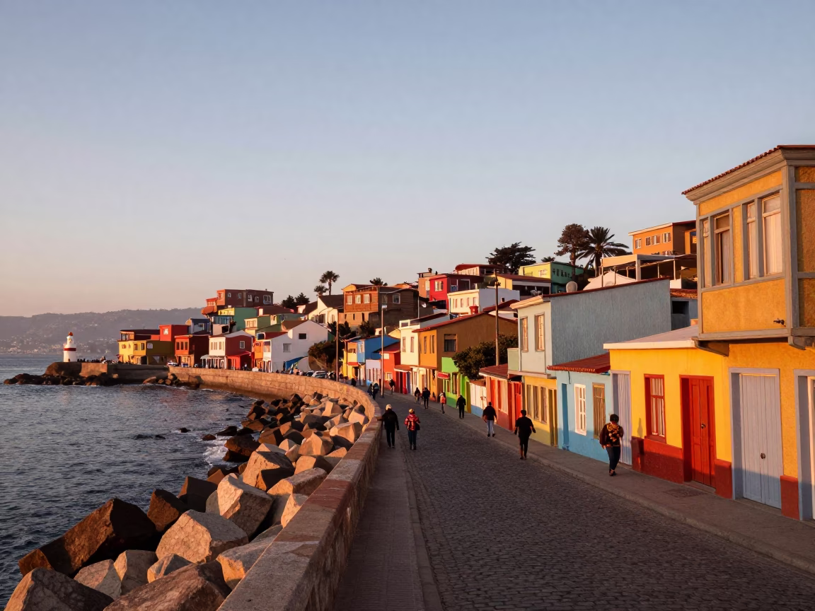 Sunset Street Scene in Valparaiso Chile with Colorful Houses and Coastal Life in in Valparaiso, Chile