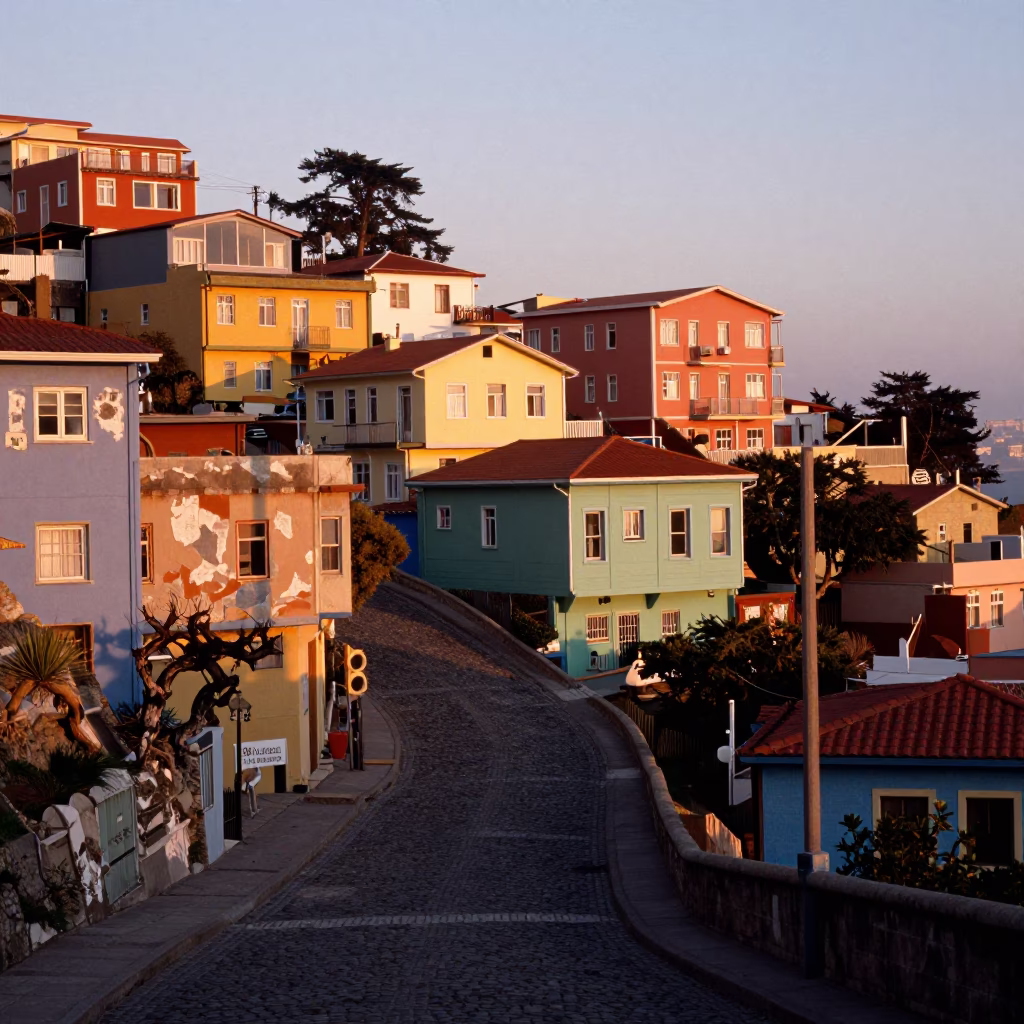 Sunset Street Scene in Valparaiso Chile with Colorful Houses and Gnarled Olive Tree in in Valparaiso, Chile