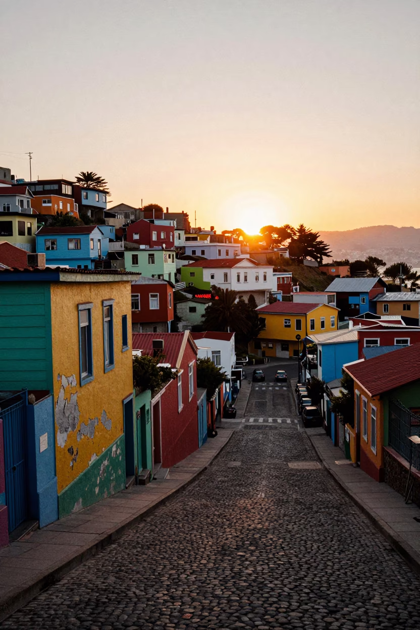 Sunset Street Scene in Valparaiso Chile with Colorful Houses and Local Life in in Valparaiso, Chile