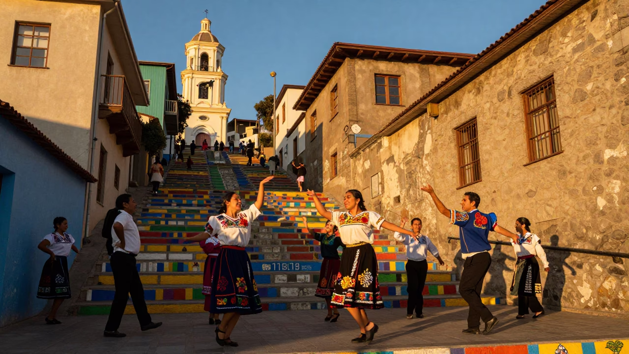 Sunset Street Scene in Valparaiso Chile with Folk Dance and Traditional Costumes in in Valparaiso, Chile