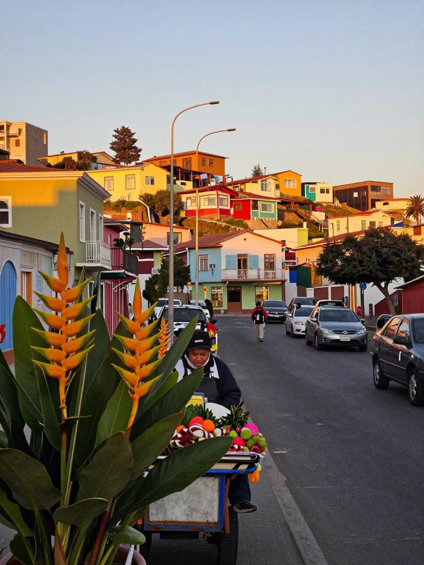 Sunset Street Scene in Valparaiso Chile with Heliconia Flowers and Urban Life in in Valparaiso, Chile