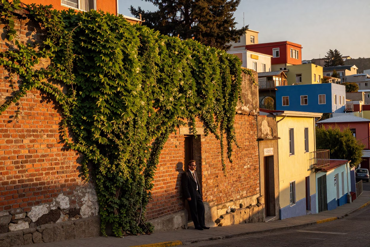 Sunset Street Scene in Valparaiso Chile with Ivy Brick Wall and Wrench in in Valparaiso, Chile