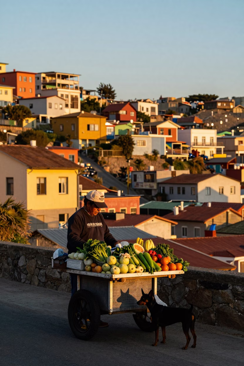 Sunset Street Scene in Valparaiso Chile with Local Vendor and Miniature Pinscher in in Valparaiso, Chile