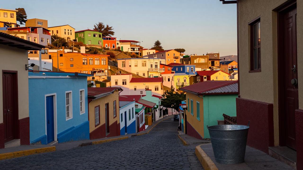 Sunset Street Scene in Valparaiso Chile with Metal Bucket and Colorful Houses in in Valparaiso, Chile