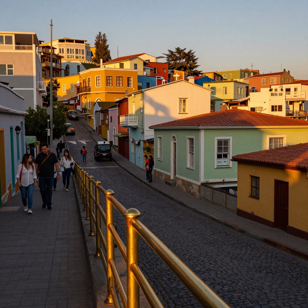 Sunset Street Scene in Valparaiso Chile with Polished Brass Rail and Stone Pot in in Valparaiso, Chile