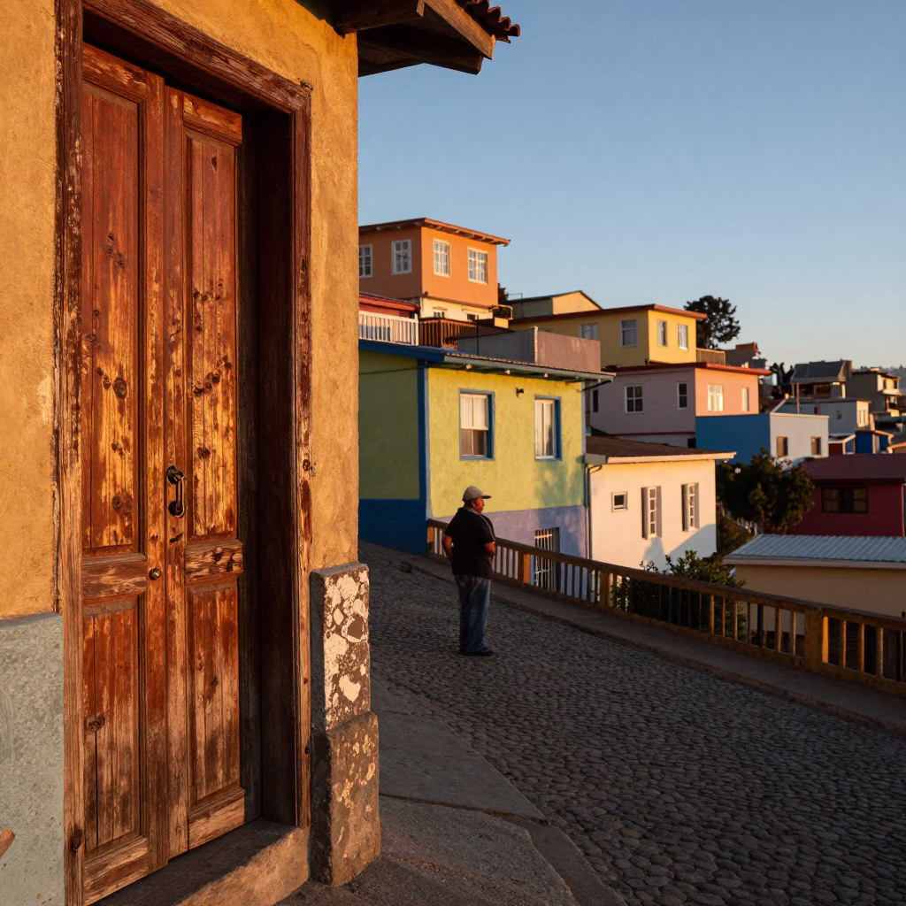 Sunset Street Scene in Valparaiso Chile with Weathered Wood and Local Details in in Valparaiso, Chile