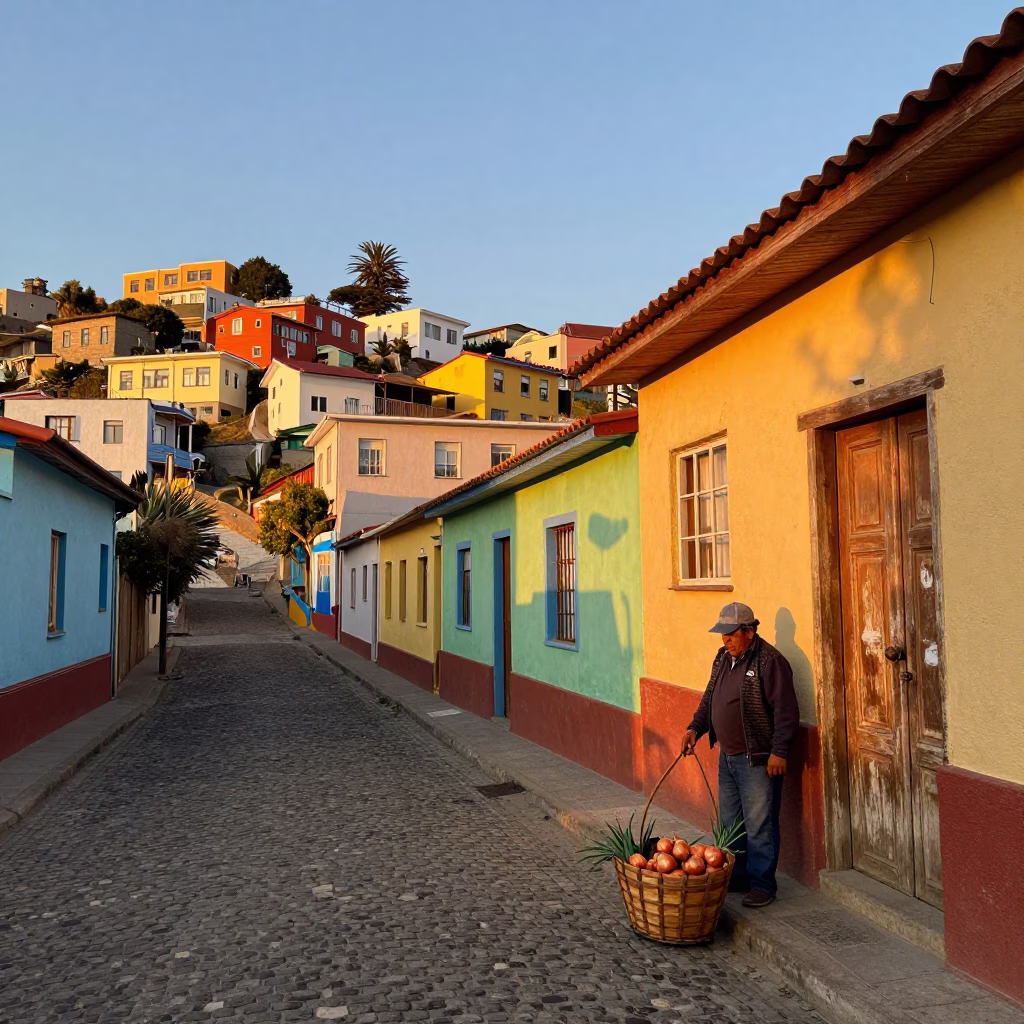 Sunset Street Scene in Valparaiso Chile with Wooden Basket and Onions in in Valparaiso, Chile