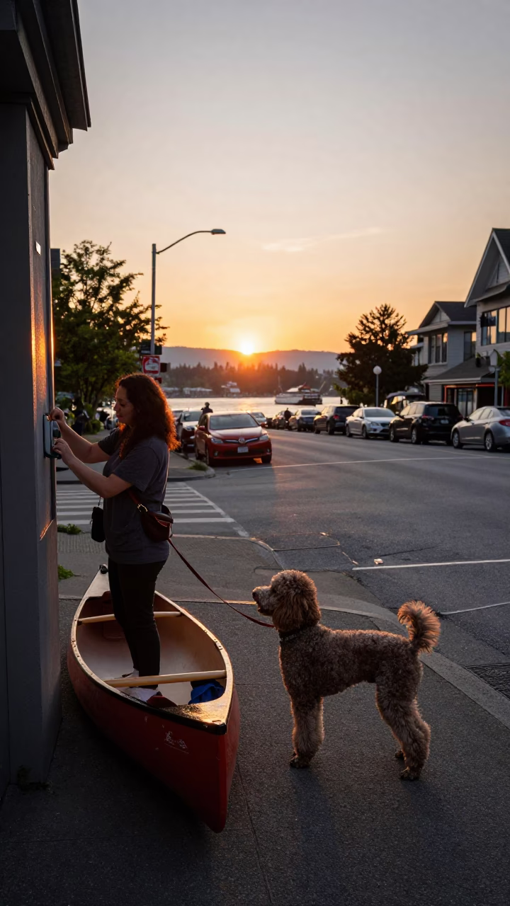 Sunset Street Scene in Vancouver British Columbia with Canoe and Poodle in in Vancouver, British Columbia, Canada