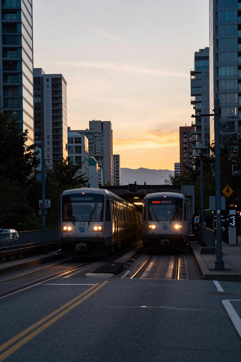 Sunset Street Scene in Vancouver British Columbia with Metro Train Emerging from Tunnel in in Vancouver, British Columbia, Canada