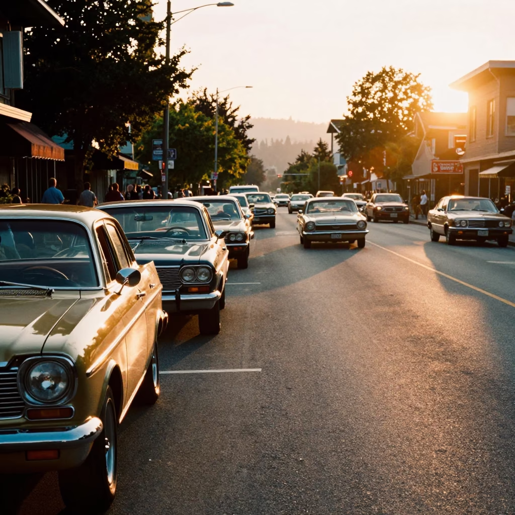 Sunset Street Scene in Vancouver with Vintage Car Rally and Train Trestle in in Vancouver, British Columbia, Canada
