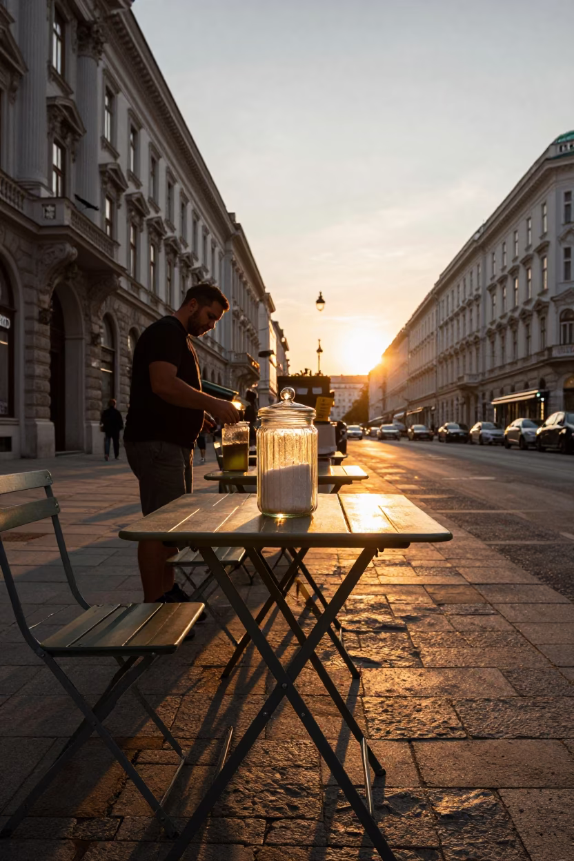 Sunset Street Scene in Vienna Austria with Folding Tables and Glass Sugar Jar in in Vienna, Austria