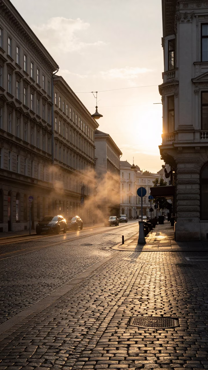 Sunset Street Scene in Vienna Austria with Steam Haze and Rainwater Puddles in in Vienna, Austria