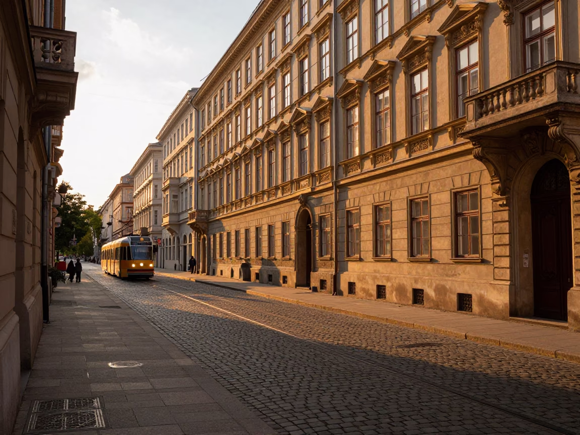 Sunset Street Scene in Vienna Austria with Vintage Details and Local Life in in Vienna, Austria