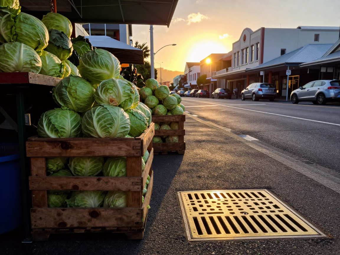 Sunset Street Scene in Wellington New Zealand with Cabbages and Brass Drain in in Wellington, New Zealand