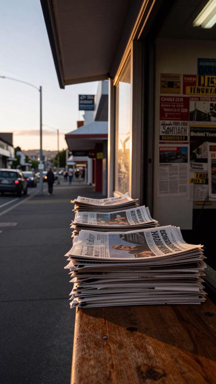 Sunset Street Scene in Wellington New Zealand with Newspaper Stack and Latch Detail in in Wellington, New Zealand
