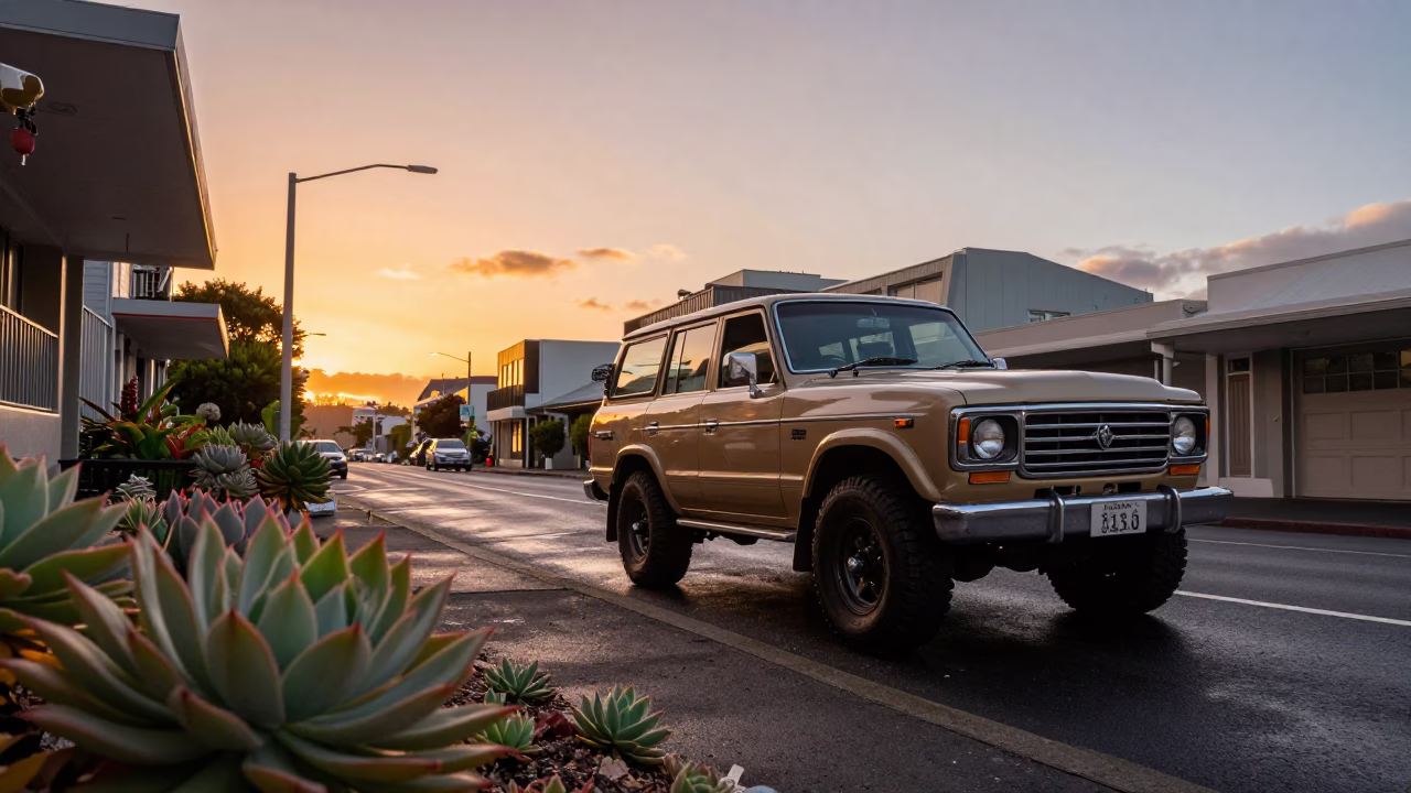 Sunset Street Scene in Wellington New Zealand with Vintage SUV and Succulents in in Wellington, New Zealand