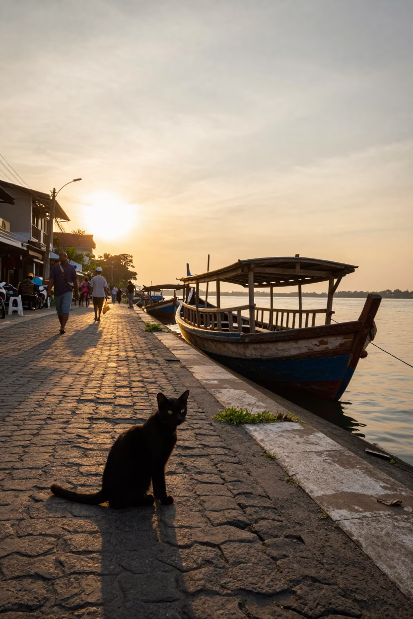 Sunset Street Scene in Yogyakarta Indonesia with Black Cat and Wooden Fishing Boat in in Yogyakarta, Indonesia