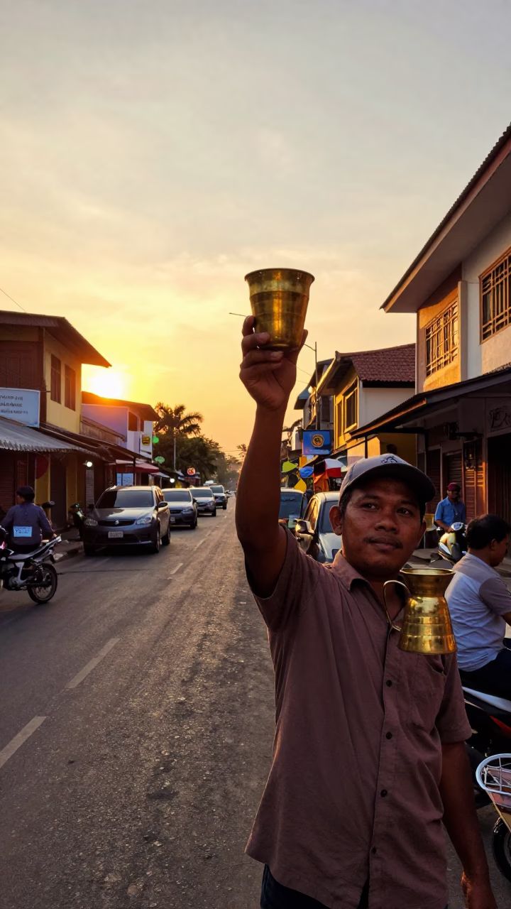 Sunset Street Scene in Yogyakarta Indonesia with Brass Cup and Carafe in in Yogyakarta, Indonesia