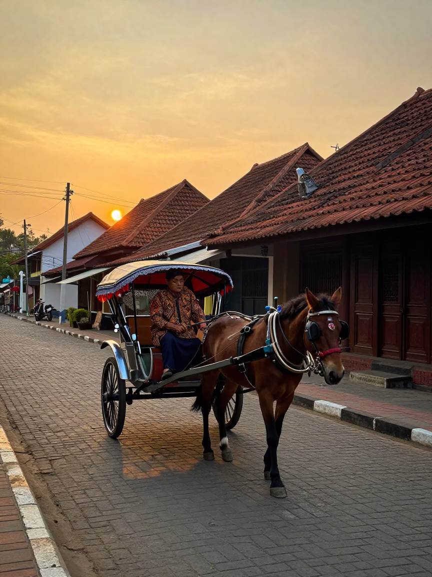 Sunset Street Scene in Yogyakarta Indonesia with Horse Drawn Cart and Cobblestone Path in in Yogyakarta, Indonesia