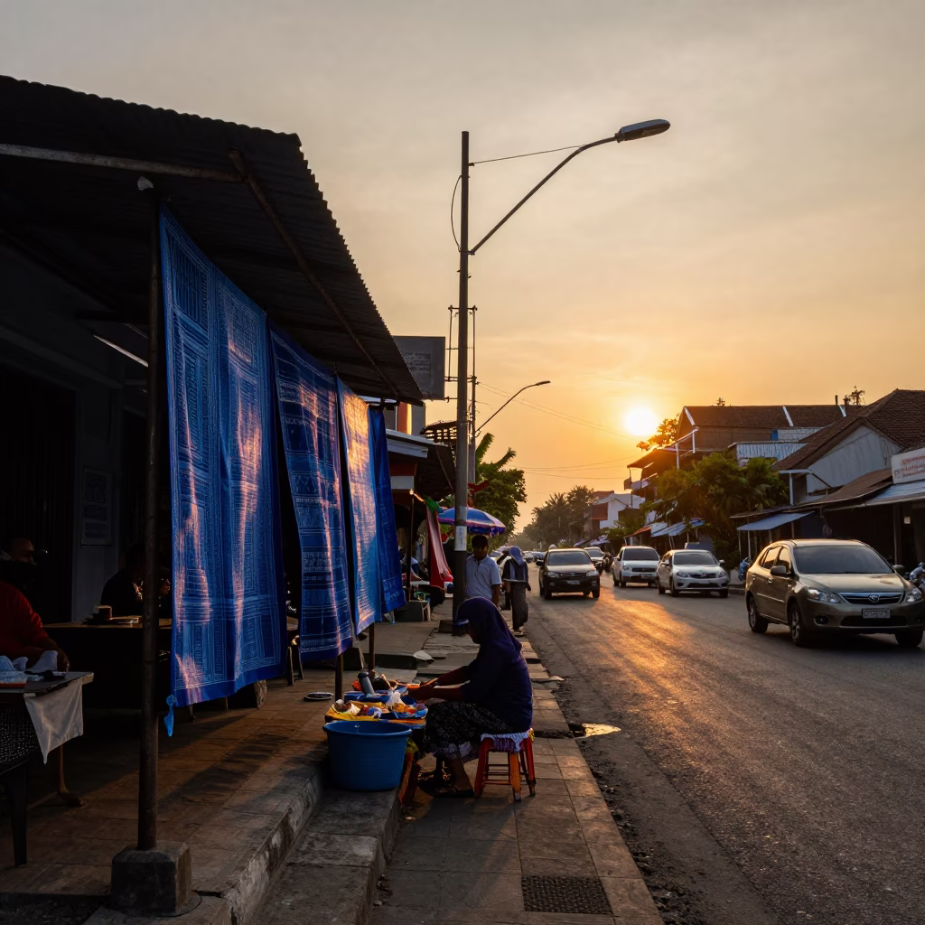 Sunset Street Scene in Yogyakarta Indonesia with Indigo Fabric and Local Commerce in in Yogyakarta, Indonesia