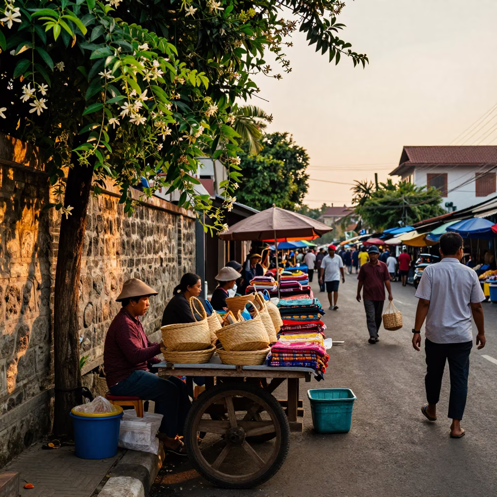 Sunset Street Scene in Yogyakarta Indonesia with Local Market Activity in in Yogyakarta, Indonesia