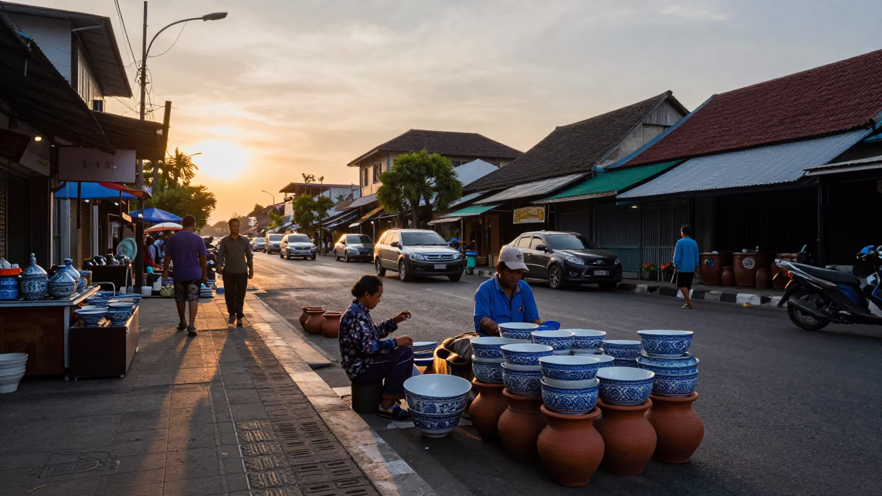 Sunset Street Scene in Yogyakarta Indonesia with Local Vendor and Blue Porcelain Bowl in in Yogyakarta, Indonesia