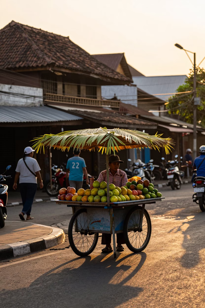 Sunset Street Scene in Yogyakarta Indonesia with Local Vendor and Traditional Market Activity in in Yogyakarta, Indonesia
