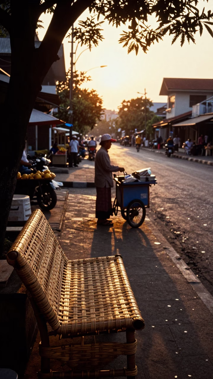 Sunset Street Scene in Yogyakarta Indonesia with Local Vendor and Wicker Shadows in in Yogyakarta, Indonesia