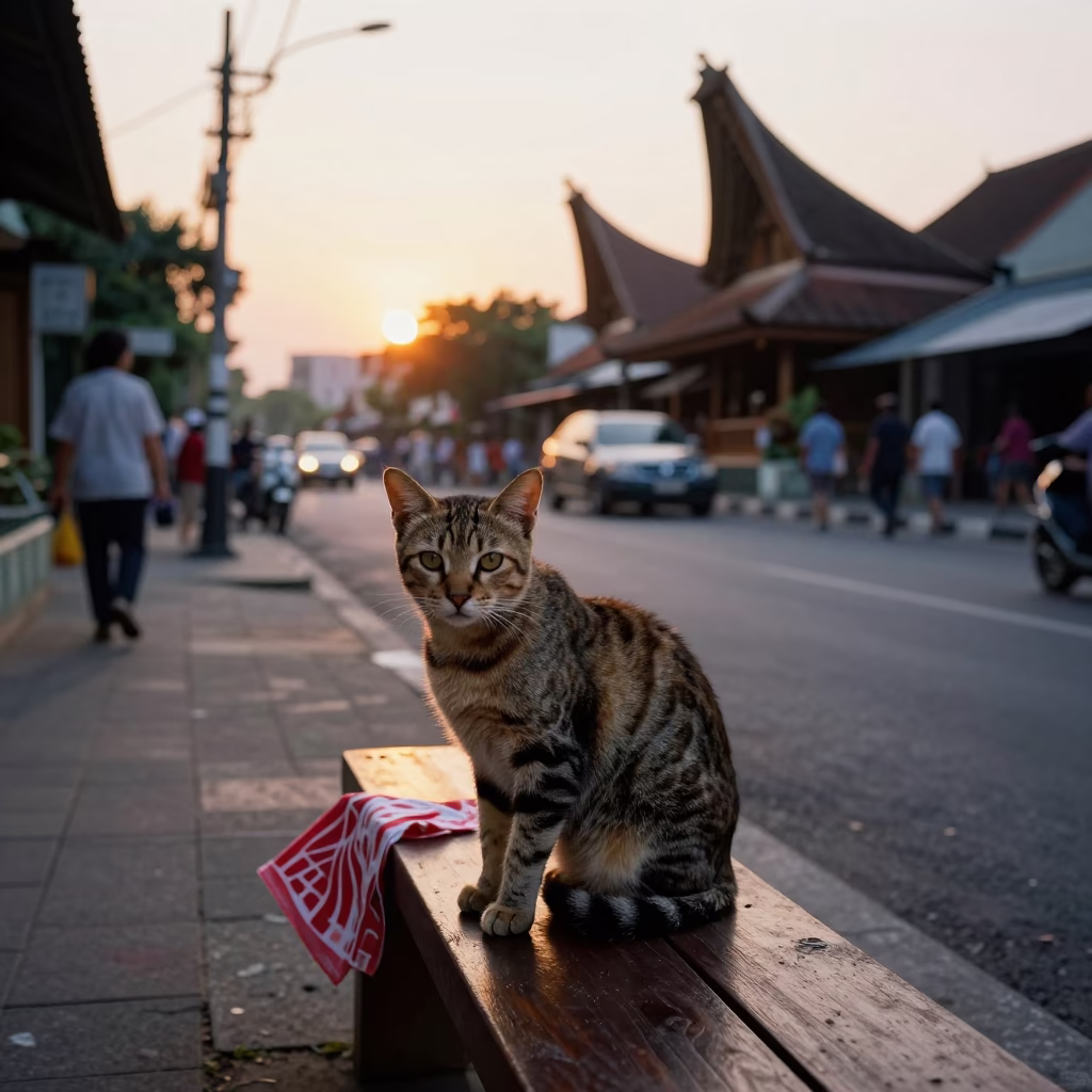 Sunset street scene in Yogyakarta Indonesia with Ocicat cat and handkerchief in in Yogyakarta, Indonesia