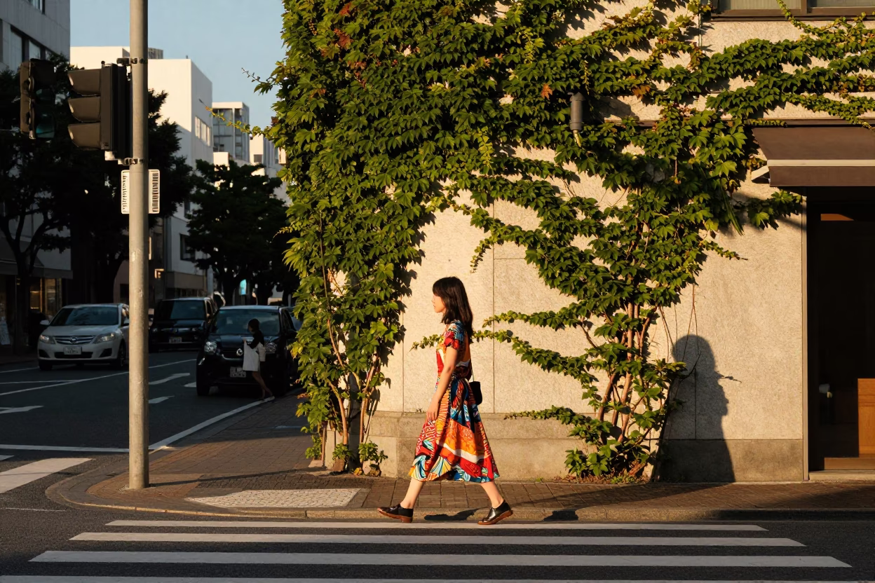 Sunset Street Style in Fukuoka Japan Ivy Vines and Modern Fashion in in Fukuoka, Japan