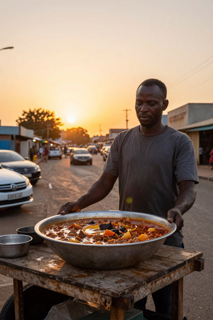 Sunset Street Vendor in Durban South Africa Serving Traditional Calulu Stew with Palm Oil in in Durban, South Africa