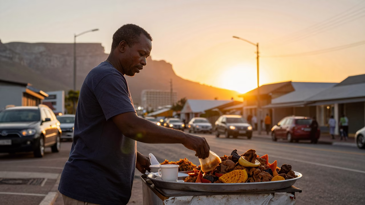 Sunset street vendor selling Cape Town bobotie and pap near Table Mountain in in Cape Town, South Africa