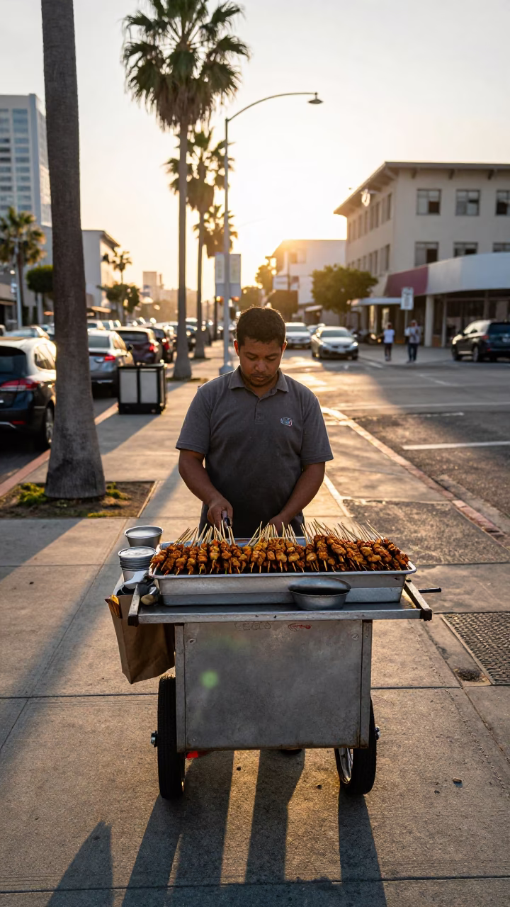 Sunset Street Vendor Selling Suya Skewers in Downtown Los Angeles California in in Los Angeles, California, United States
