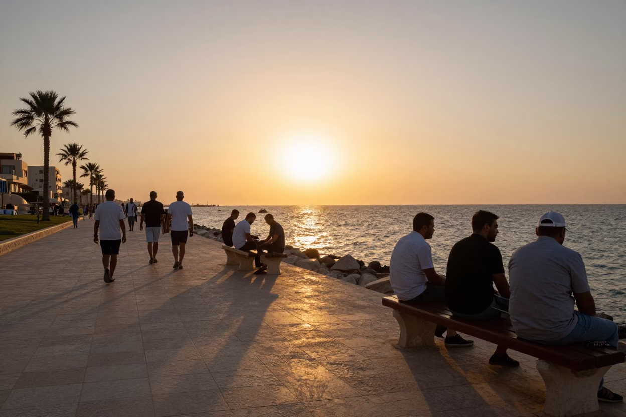 Sunset Stroll Along Alexandria Corniche with Domino Game and Eggplant Vendor in in Alexandria, Egypt